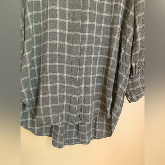 Something Navy Shirt Gray White Plaid Feminine Flannel Peasant Puff Sleeve Top - Picture 3 of 7
